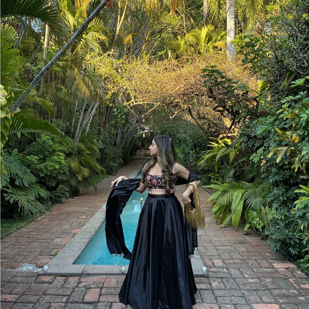 Lashkaara Black Embroidered Satin Lehenga - Picture 4 of 11